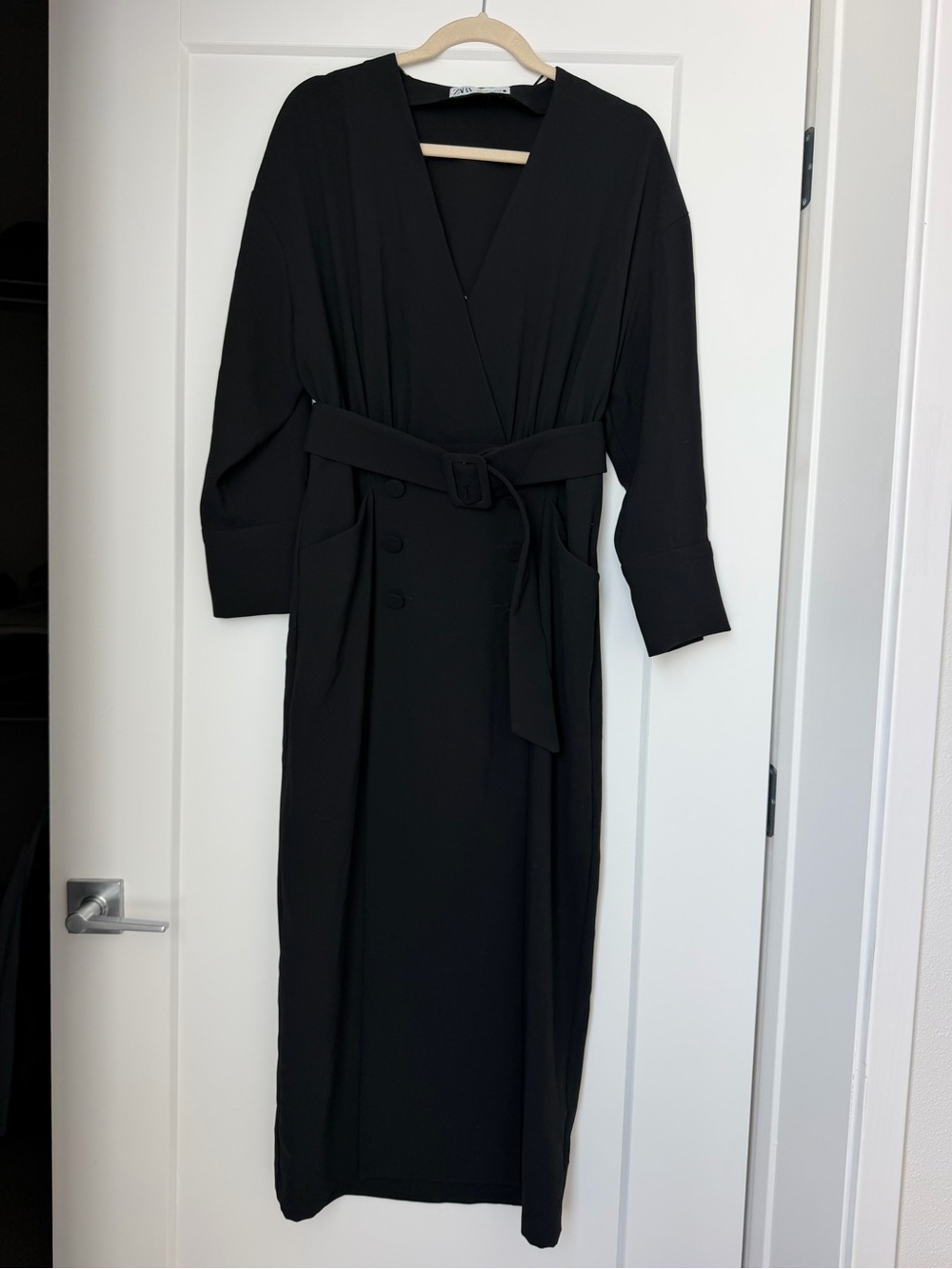 Zara Black Wrap Midi Dress with Belted Waist